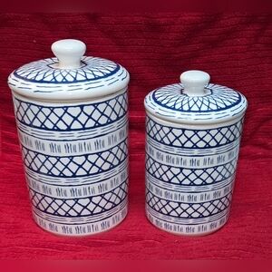 Set of 2 Ten Strawberry Street Indigo & Blue Stoneware Canisters (Medium/Small)